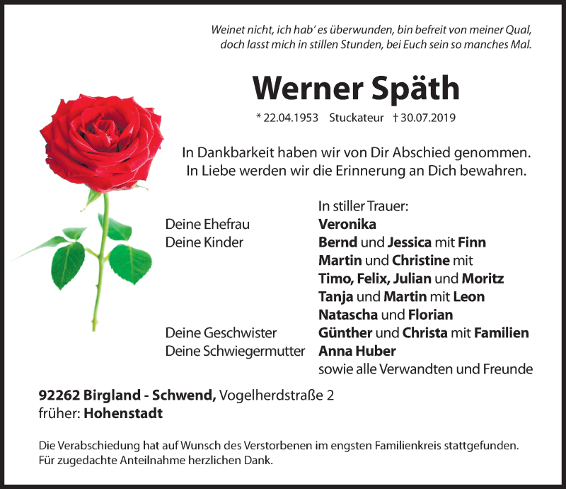  Traueranzeige für Werner Späth vom 03.08.2019 aus Hersbrucker Zeitung