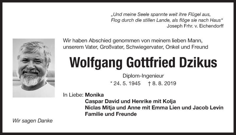  Traueranzeige für Wolfgang Gottfried Dzikus vom 24.08.2019 aus Der Bote