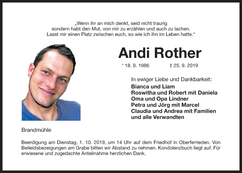  Traueranzeige für Andi Rother vom 28.09.2019 aus Der Bote
