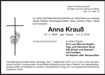 Traueranzeige von Anna Krauß von Pegnitz-Zeitung