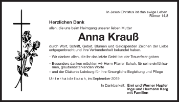 Traueranzeige von Anna Krauß von Der Bote