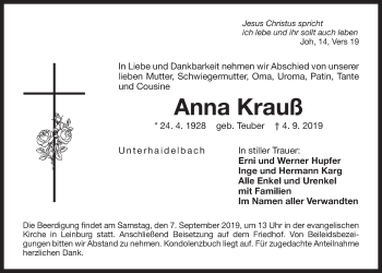 Traueranzeige von Anna Krauß von Der Bote
