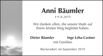 Traueranzeige von Anni Bäumler von Pegnitz-Zeitung