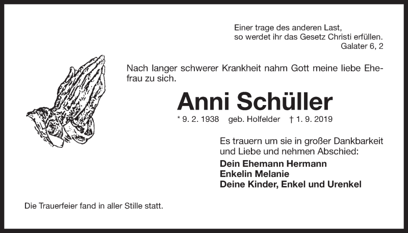  Traueranzeige für Anni Schüller vom 14.09.2019 aus Der Bote
