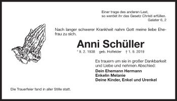 Traueranzeige von Anni Schüller von Der Bote