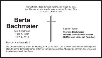 Traueranzeige von Berta Bachmaier von Der Bote