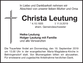 Traueranzeige von Christa Leutung von Pegnitz-Zeitung