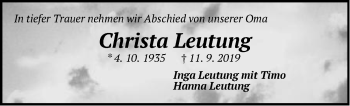 Traueranzeige von Christa Leutung von Pegnitz-Zeitung