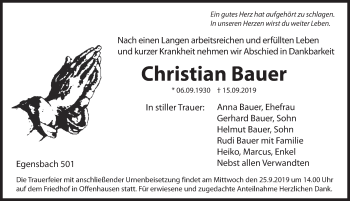 Traueranzeige von Christian Bauer von Hersbrucker Zeitung