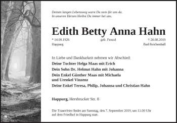 Traueranzeige von Edith Betty Anna Hahn von Hersbrucker Zeitung