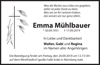 Traueranzeige von Emma Mühlbauer von Hersbrucker Zeitung