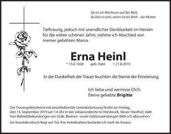 Traueranzeige von Erna Heinl von Hersbrucker Zeitung