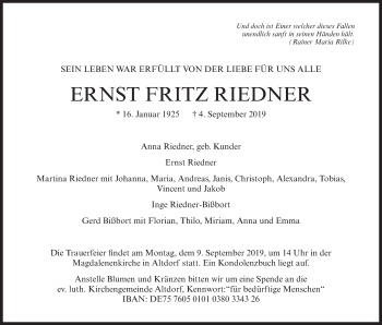 Traueranzeige von Ernst Fritz Riedner von Der Bote