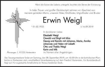 Traueranzeige von Erwin Weigl von Hersbrucker Zeitung