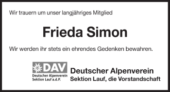 Traueranzeige von Frieda Simon von Pegnitz-Zeitung