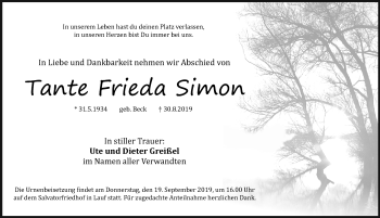 Traueranzeige von Frieda Simon von Pegnitz-Zeitung