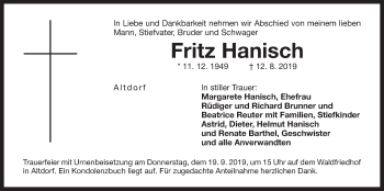 Traueranzeige von Fritz Hanisch von Der Bote