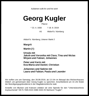 Traueranzeige von Georg Kugler von Der Bote
