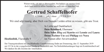 Traueranzeige von Gertrud Schaffelhofer von Hersbrucker Zeitung