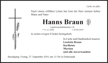 Traueranzeige von Hanns Braun von Hersbrucker Zeitung