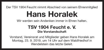 Traueranzeige von Hans Horalek von Der Bote