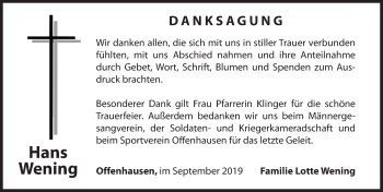 Traueranzeige von Hans Wening von Hersbrucker Zeitung