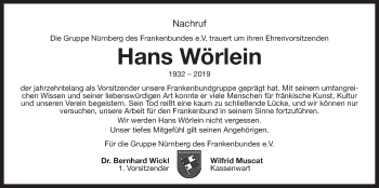Traueranzeige von Hans Wörlein von Der Bote