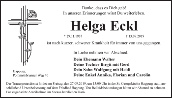 Traueranzeige von Helga Eckl von Hersbrucker Zeitung