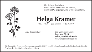 Traueranzeige von Helga Kramer von Pegnitz-Zeitung