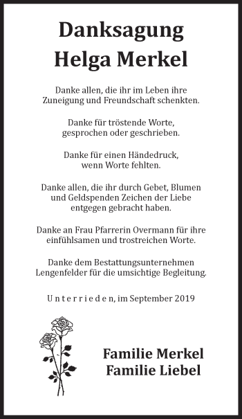 Traueranzeige von Helga Merkel von Der Bote
