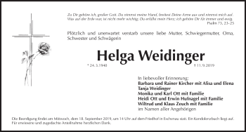 Traueranzeige von Helga Weidinger von Pegnitz-Zeitung