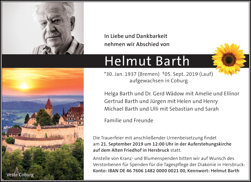  Traueranzeige für Helmut Barth vom 14.09.2019 aus Hersbrucker Zeitung
