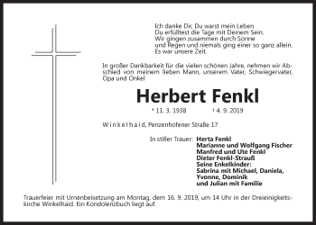 Traueranzeige von Herbert Fenkl von Der Bote