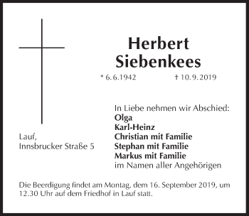 Traueranzeige von Herbert Siebenkees von Pegnitz-Zeitung