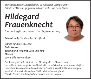Traueranzeige von Hildegard Frauenknecht von Pegnitz-Zeitung