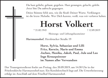 Traueranzeige von Horst Volkert von Hersbrucker Zeitung