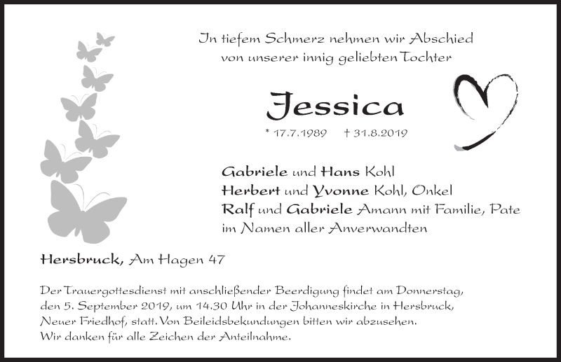  Traueranzeige für Jessica  vom 03.09.2019 aus Hersbrucker Zeitung