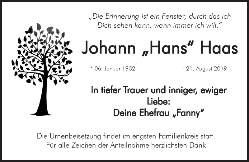  Traueranzeige für Johann Haas vom 04.09.2019 aus Hersbrucker Zeitung