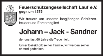 Traueranzeige von Johann Josef Sandner von Pegnitz-Zeitung