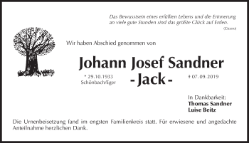 Traueranzeige von Johann Josef Sandner von Pegnitz-Zeitung