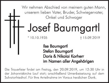 Traueranzeige von Josef Baumgartl von Pegnitz-Zeitung