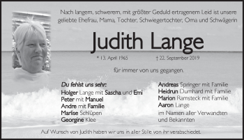 Traueranzeige von Judith Lange von Pegnitz-Zeitung