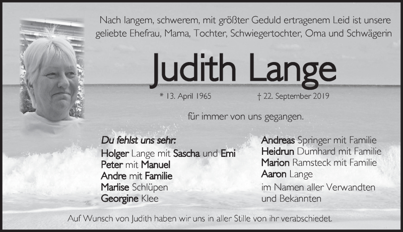  Traueranzeige für Judith Lange vom 28.09.2019 aus Pegnitz-Zeitung