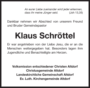 Traueranzeige von Klaus Schröttel von Der Bote