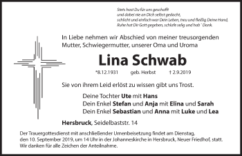 Traueranzeige von Lina Schwab von Hersbrucker Zeitung