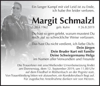 Traueranzeige von Margit Schmalzl von Pegnitz-Zeitung