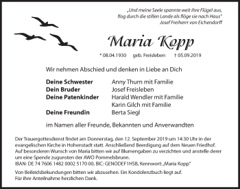 Traueranzeige von Maria Kopp von Hersbrucker Zeitung