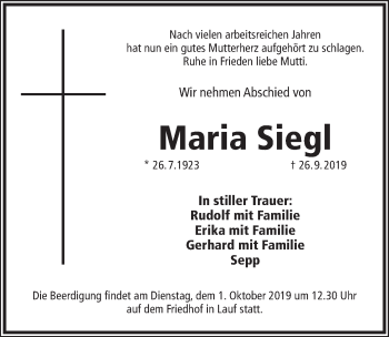 Traueranzeige von Maria Siegl von Pegnitz-Zeitung