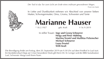 Traueranzeige von Marianne Hauser von Pegnitz-Zeitung