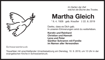 Traueranzeige von Martha Gleich von Der Bote
